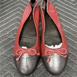 Tory Burch Burgundy and Black Flats with Gold Accent